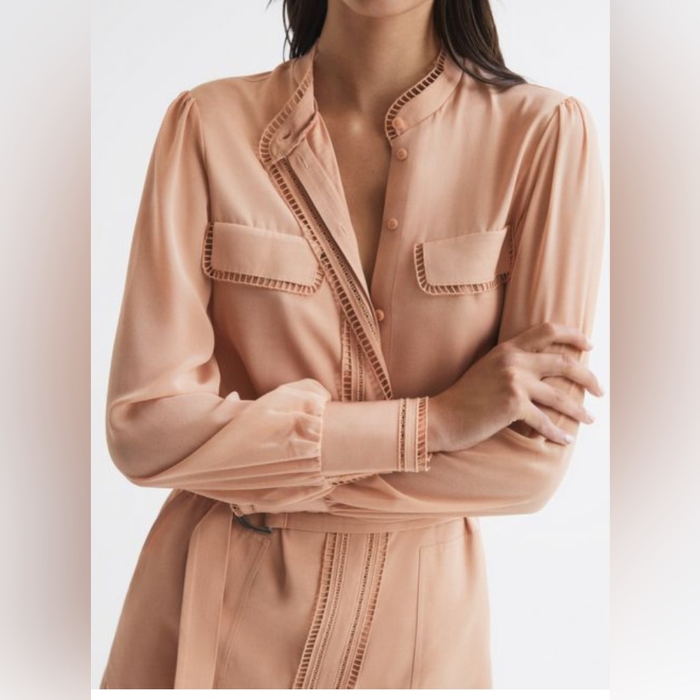Reiss Cassia Ladder Trim Detail Flippy Mini Dress in Nude Beige Sz 2 NWT